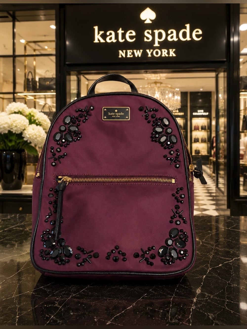 Kate Spade Wilson Road Burgundy Crystal Embellished Backpack RARE Retail $320